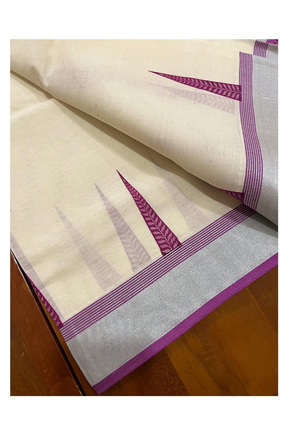 Pure Cotton SIlver Kasavu Single Set Mundu (Mundum Neriyathum Onam 2023) with Magenta Block Prints 2.80 Mtrs