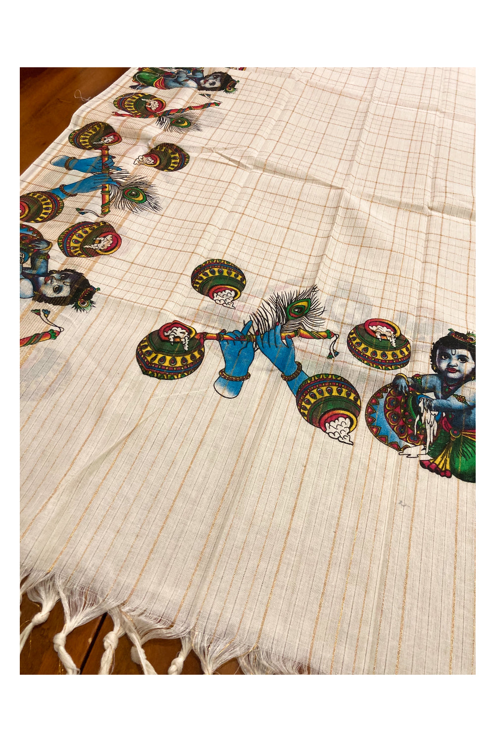 Kerala Cotton Kasavu Churidar Salwar Material with Mural Printed Baby Krishna Design (include Lines Printed Shawl / Dupatta)