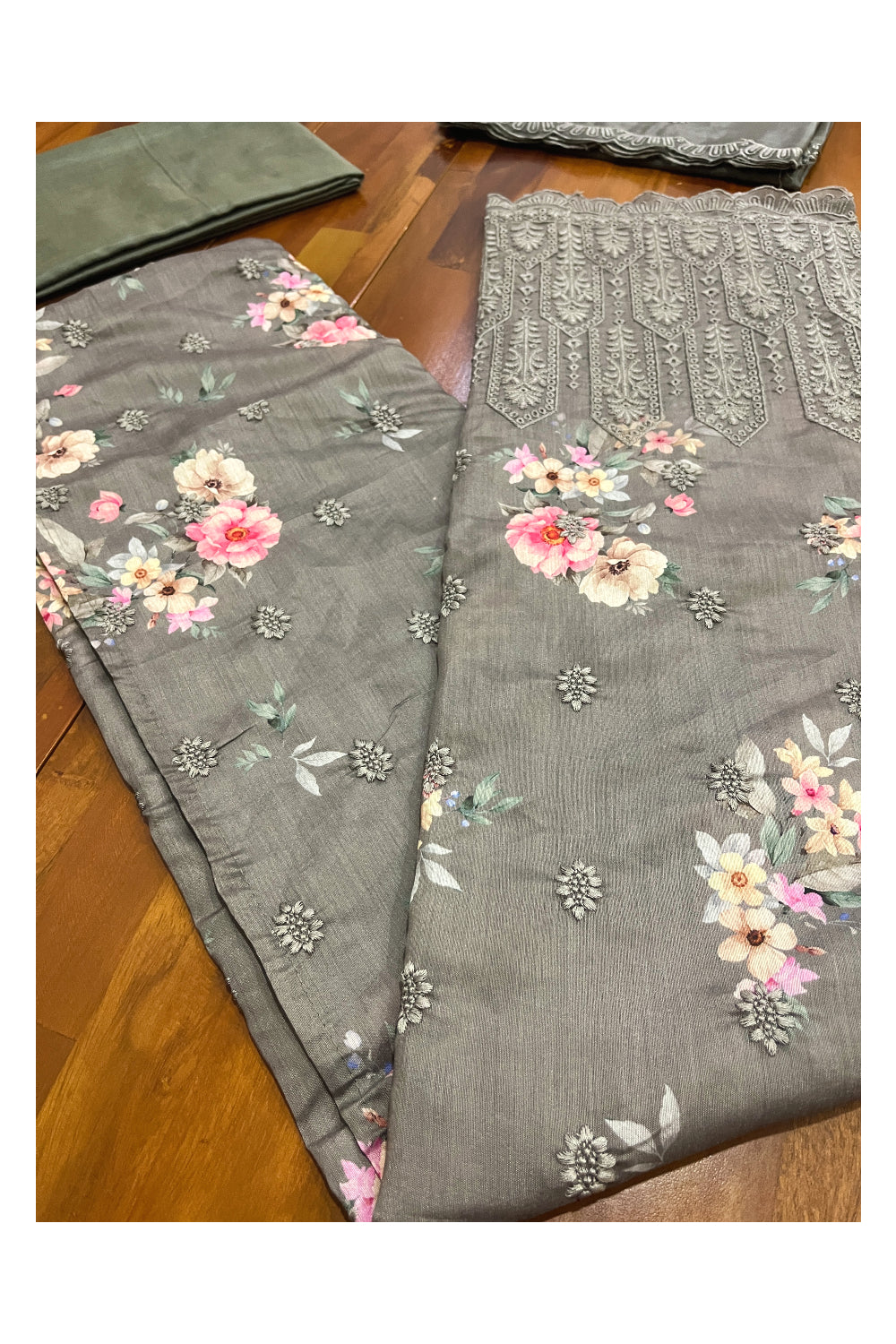 Southloom™ Semi Silk Churidar Salwar Suit Material in Grey with Embroidery and Floral Prints