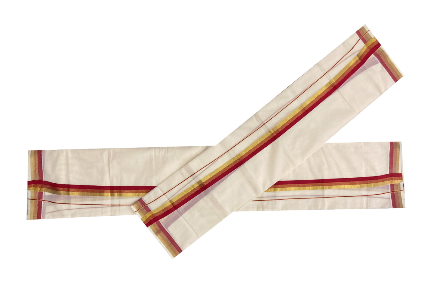 Kerala Cotton Mundum Neriyathum Double (Set Mundu) with Red and Kasavu Border