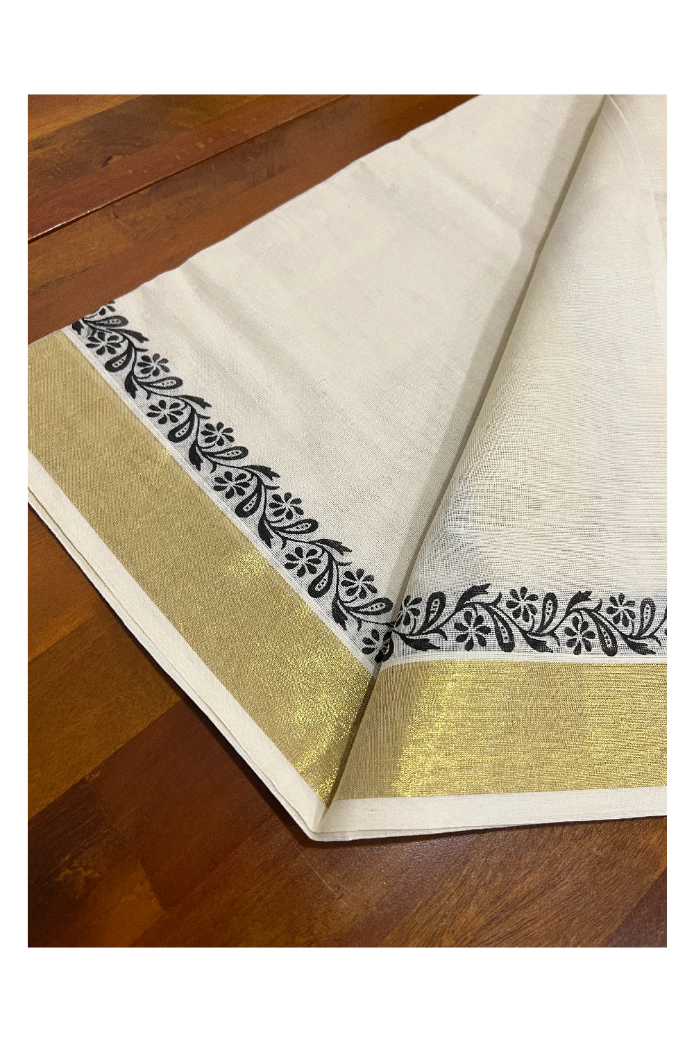 Pure Cotton Kasavu Set Mundu (Mundum Neriyathum) with Dark Brown Floral Block Prints on Border