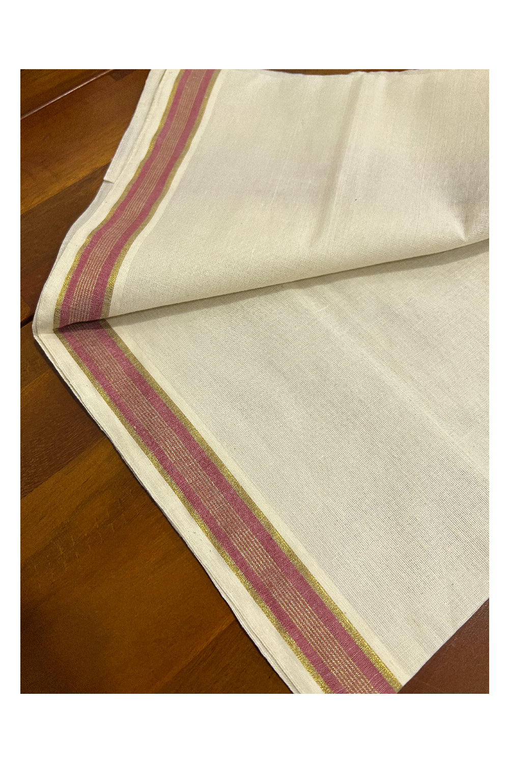 Kerala Cotton Mundum Neriyathum Single (Set Mundu) with Brick Red and Kasavu Border