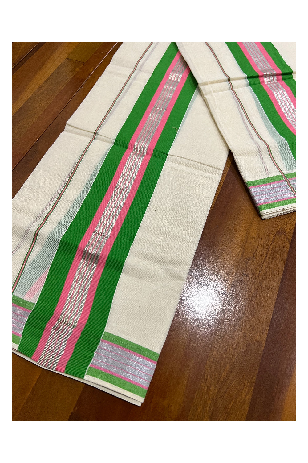 Pure Cotton Mundum Neriyathum Single (Set Mundu) with Silver Kasavu Light Green and Pink Border 2.80 Mtrs