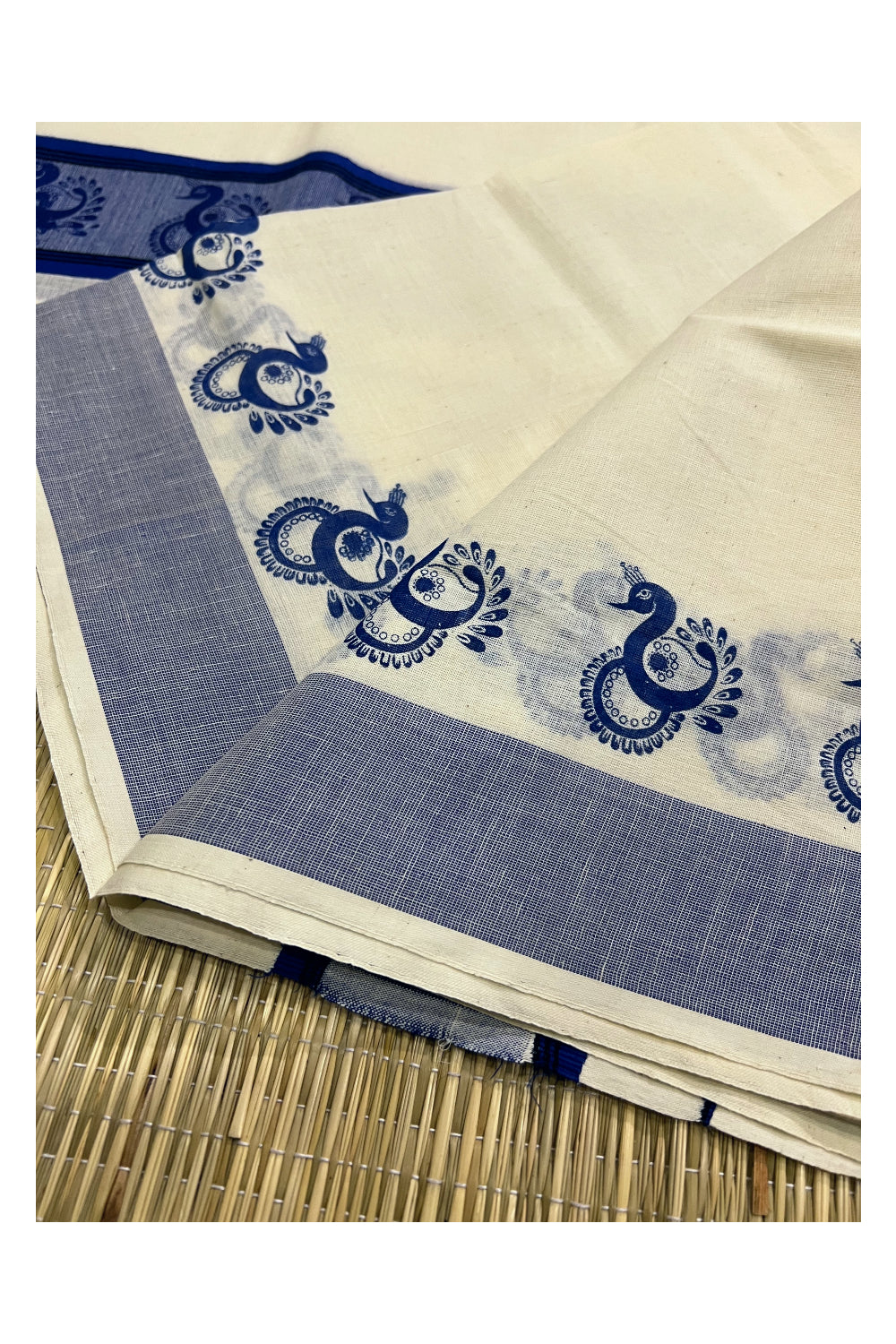 Kerala Cotton Set Mundu (Mundum Neriyathum) with Dark Blue Peacock Block Prints on Border