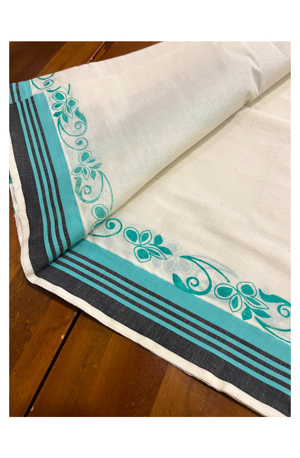 Kerala Cotton Set Mundu (Mundum Neriyathum) with Floral Prints on Turquoise Black Border