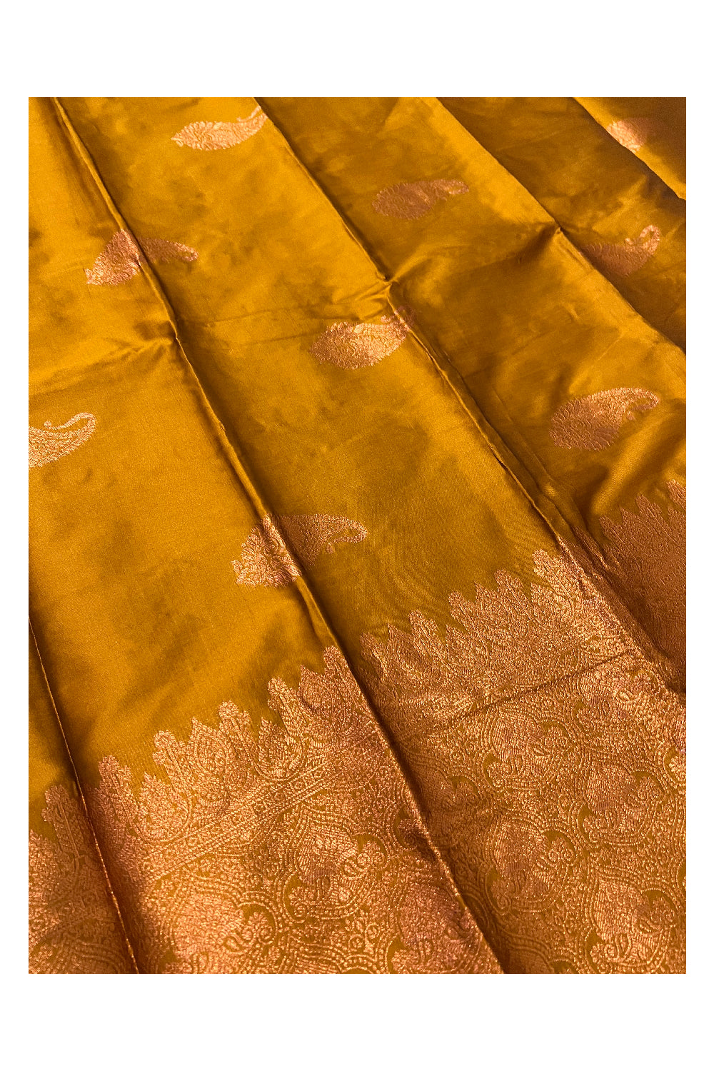 Southloom Golden Yellow Semi Silk Designer Saree with Copper Kasavu Woven Works on Body