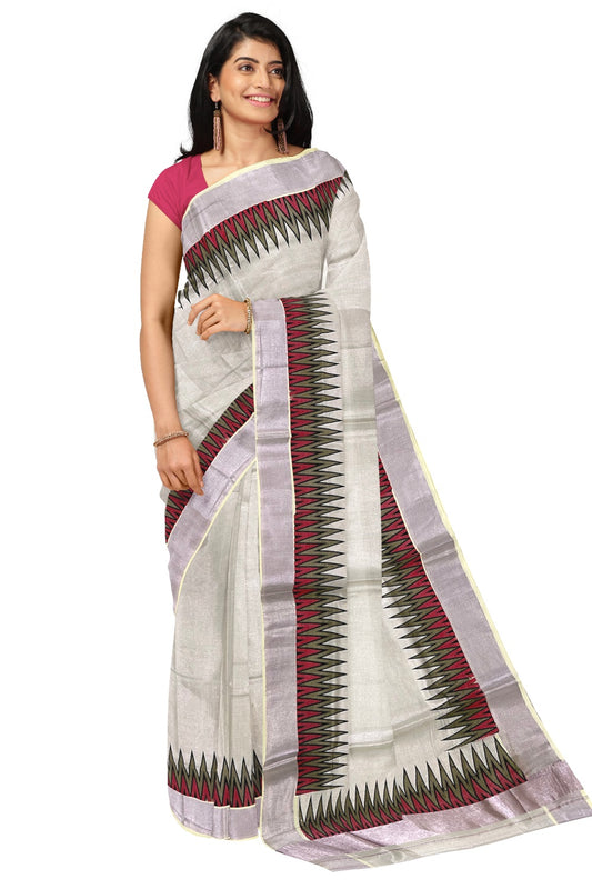 Kerala Rose Copper Tissue Kasavu Saree with Red Brown Temple Prints across the border