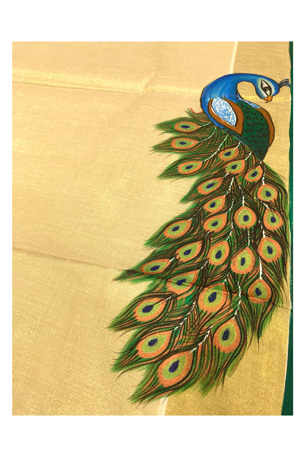 Kerala Tissue Kasavu Saree with Hand Painted Feather Design and Dark Green on Border