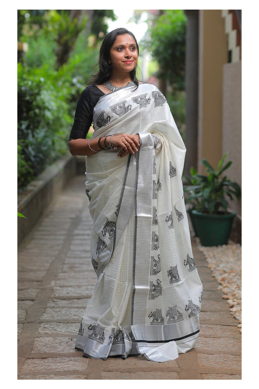 Southloom Silver Check Saree with Black Border and Elephant Block Prints