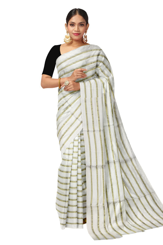 Pure Cotton Kerala Saree with Golden Kasavu Lines on Body and Black Tassels on pallu