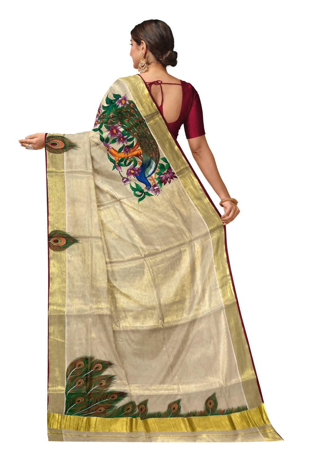 Kerala Tissue Kasavu Saree with Hand Painted Feather Design and Maroon on Border