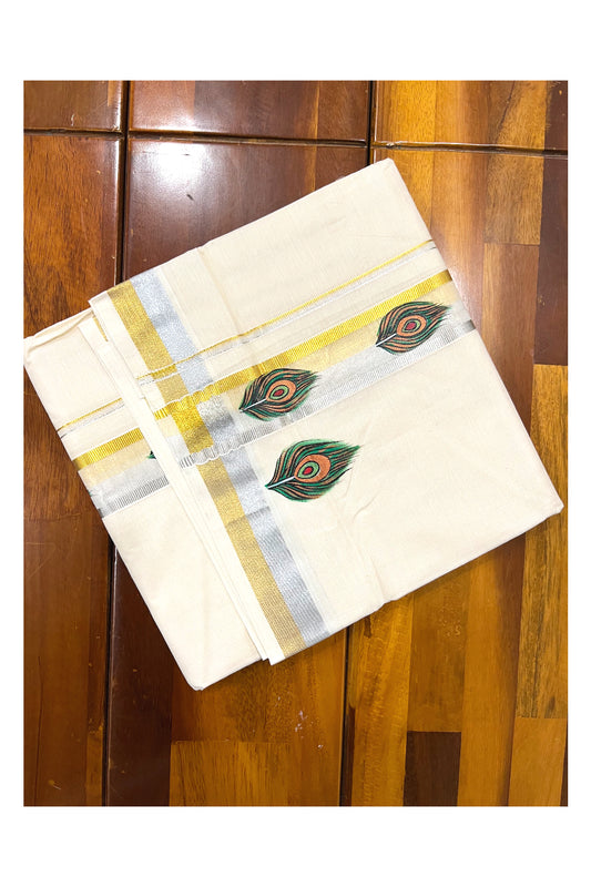 Pure Cotton Silver Golden Kasavu Mundu with Mural Hand Painted Feather Design (South Indian Dhoti)