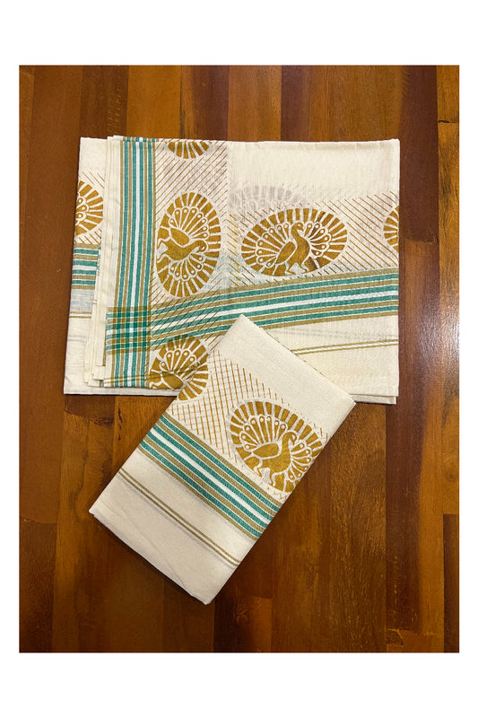 Southloom Mulloth Soft Cotton Set Mundu with Green Kara and Block Print