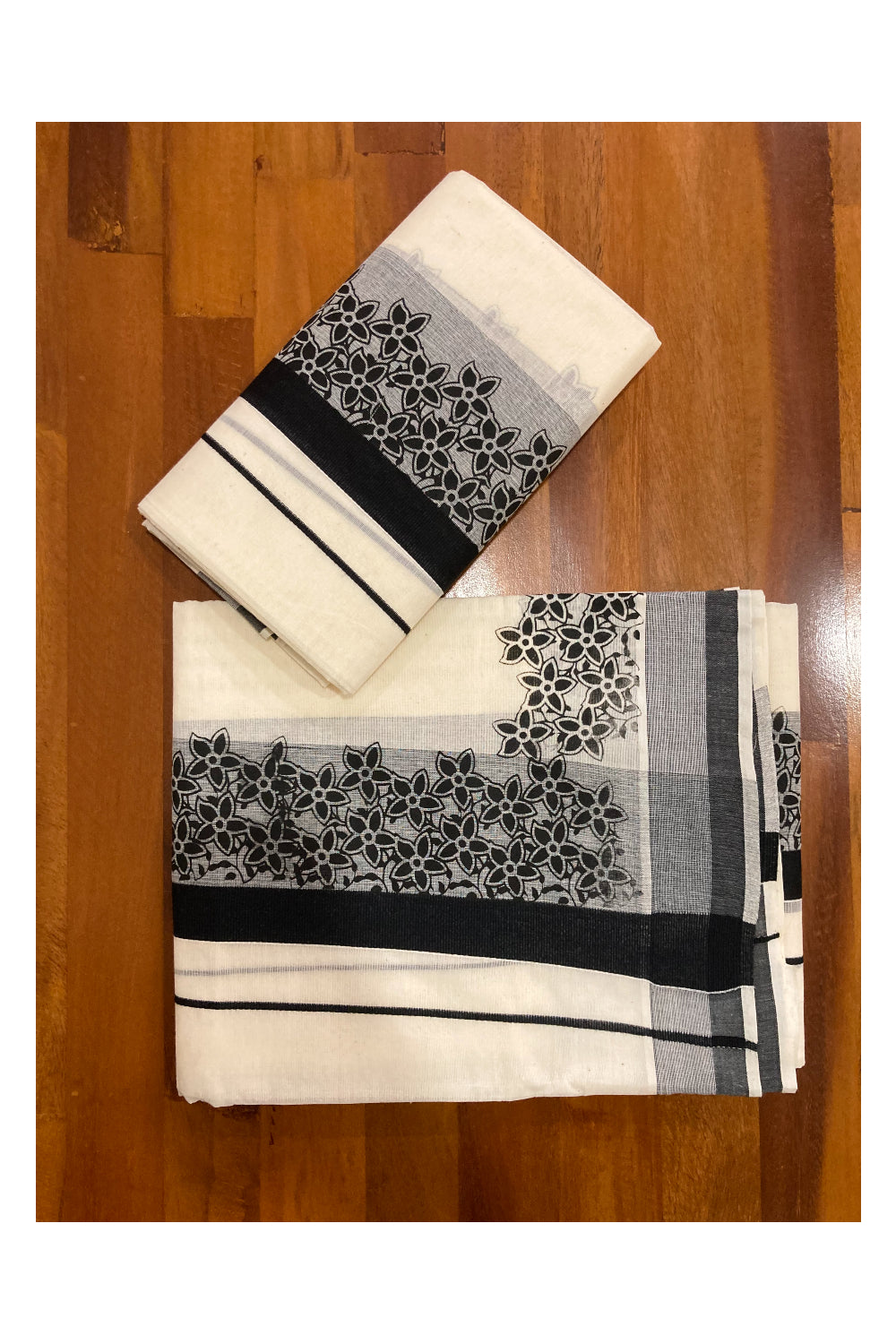 Kerala Cotton Set Mundu (Mundum Neriyathum) with Black Floral Block Prints on Border