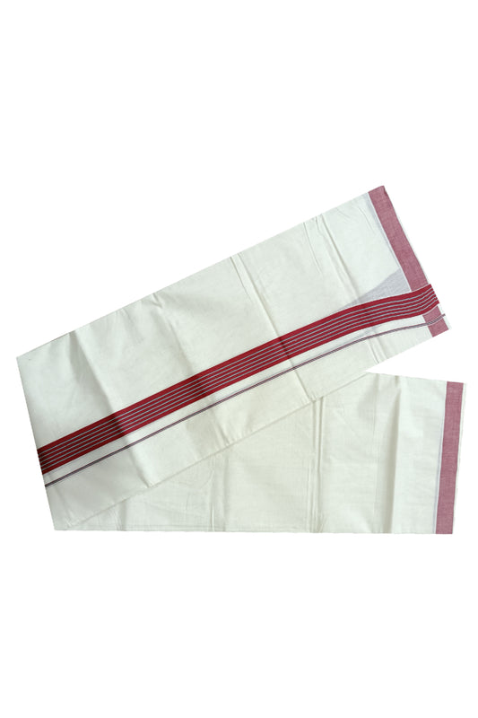 Off White Kerala Double Mundu with Lines on Dark Red Border (South Indian Dhoti)