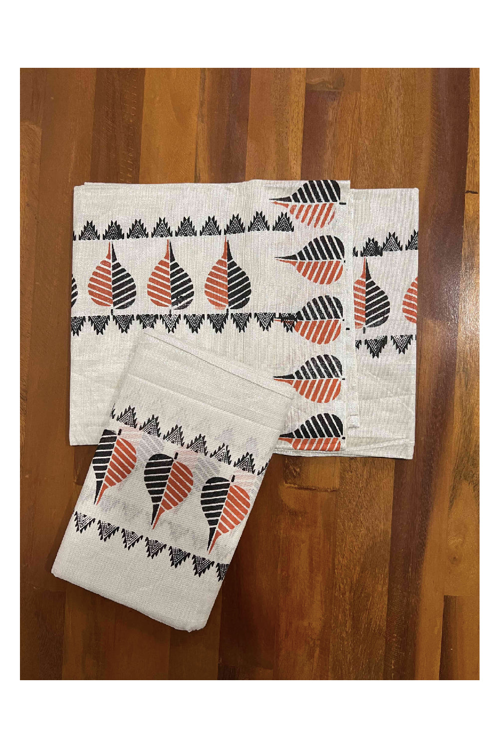 Kerala Silver Tissue Kasavu Set Mundu (Mundum Neriyathum) with Black and Orange Block Printed Border