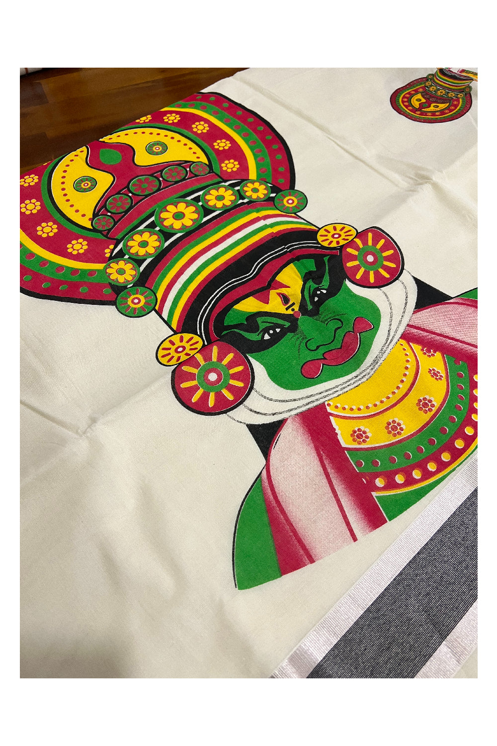 Kerala Pure Cotton Silver Kasavu Saree with Kathakali Face Printed and Black Border