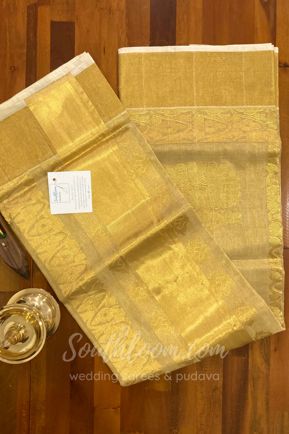 Southloom™ Original Handloom Full Kasavu Saree with Handwoven Work Across Body and Pallu (Not a Tissue Saree)