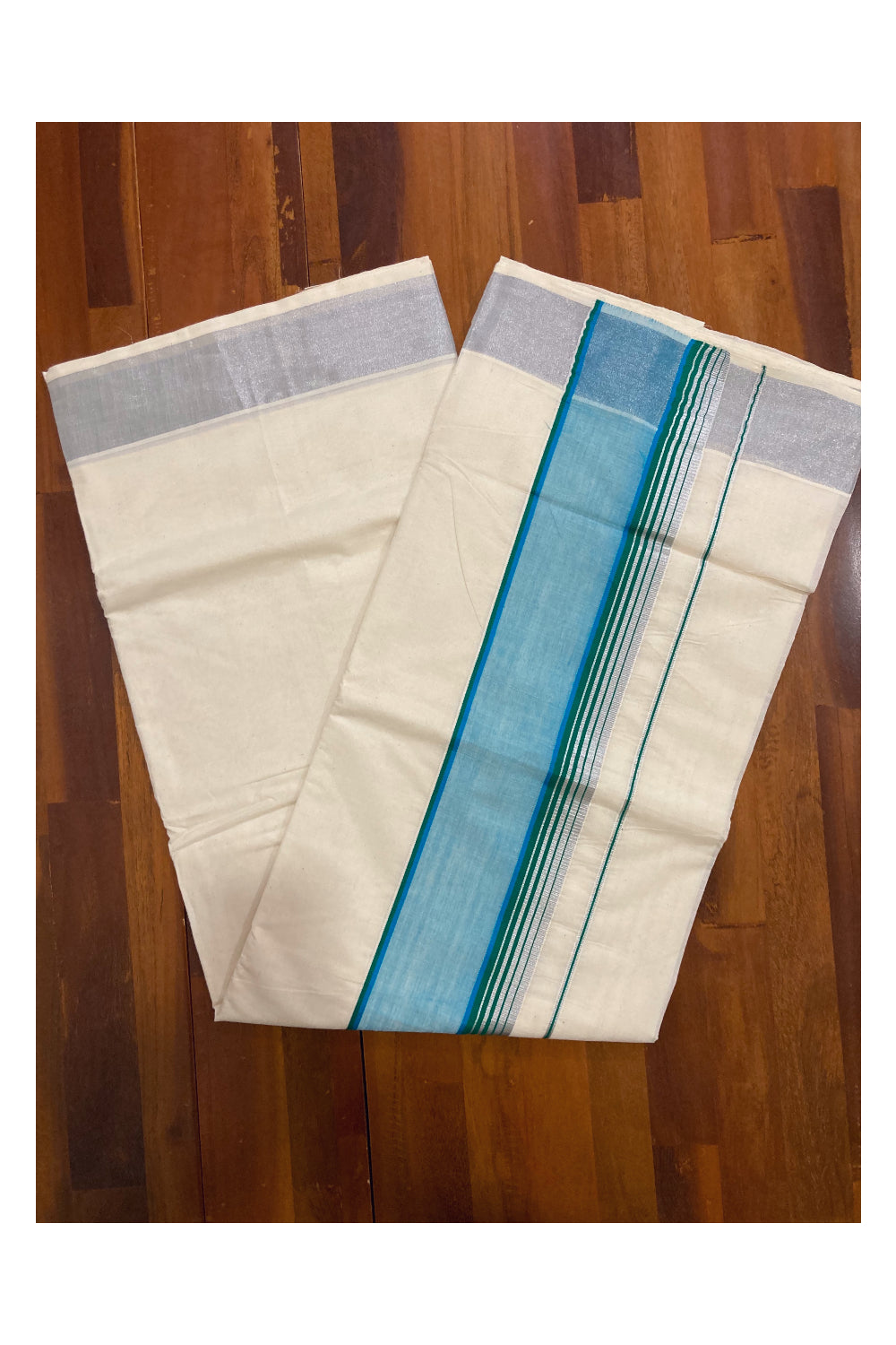 Pure Cotton Silver Kasavu Plain Saree with Green and Light Blue Border