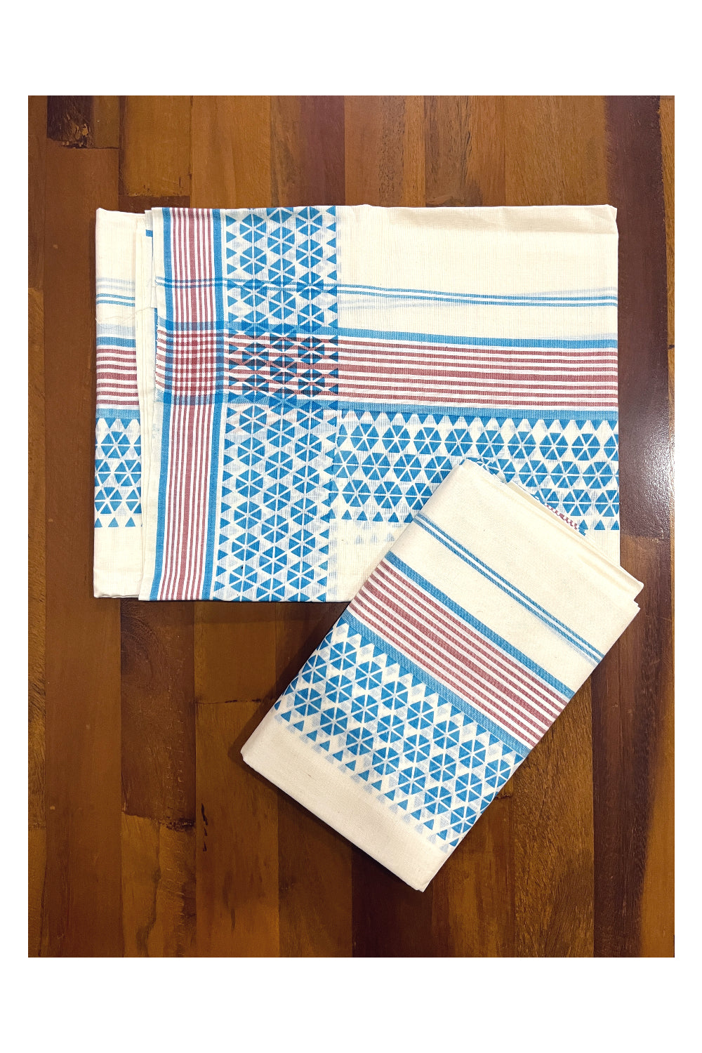 Kerala Cotton Mulloth Mundum Neriyathum Single (Set Mundu) with Blue Block Printed Border (Extra Soft Cotton)