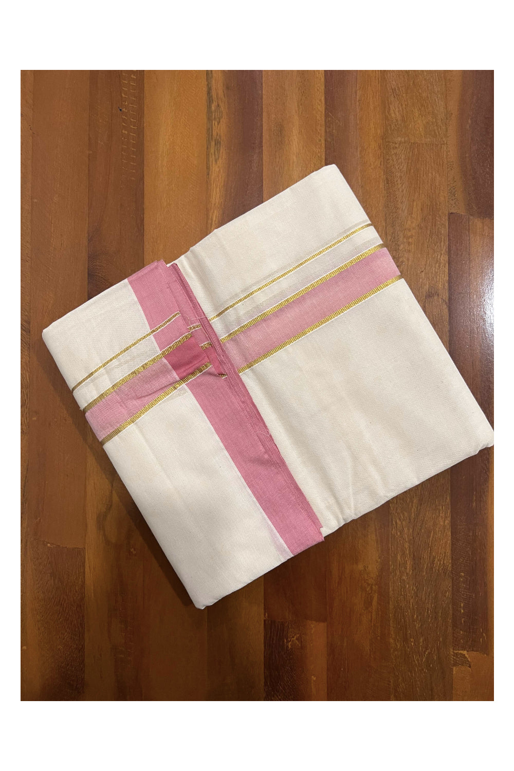 Off White Pure Cotton Double Mundu with Kasavu and Pink Kara (South Indian Dhoti)