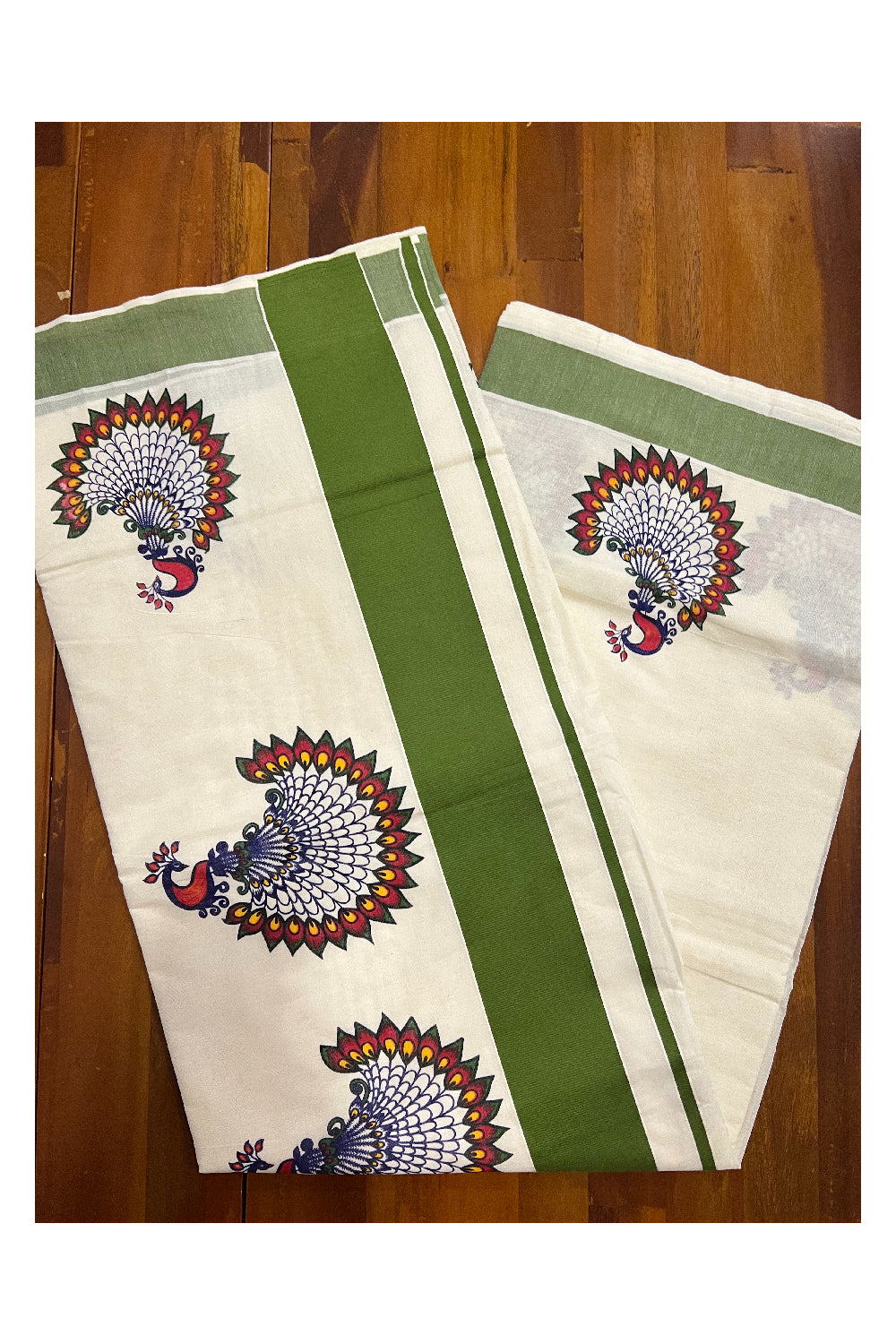 Kerala Pure Cotton Saree with Mural Printed Peacock Design and Green Border