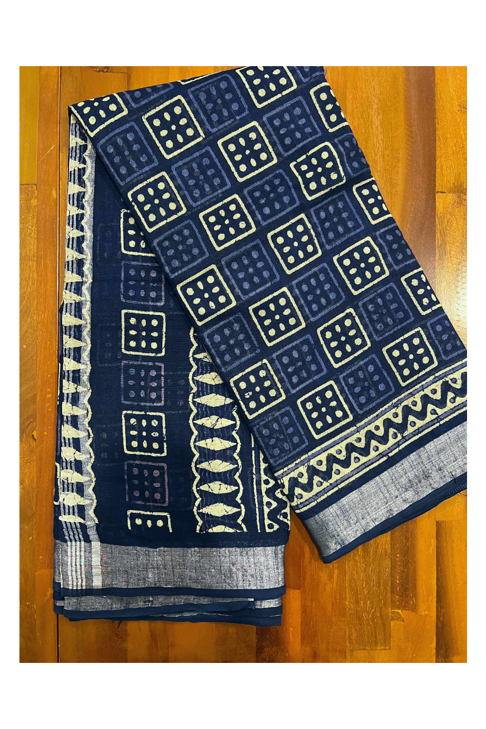 Southloom Linen Blue and White Designer Saree with Tassels