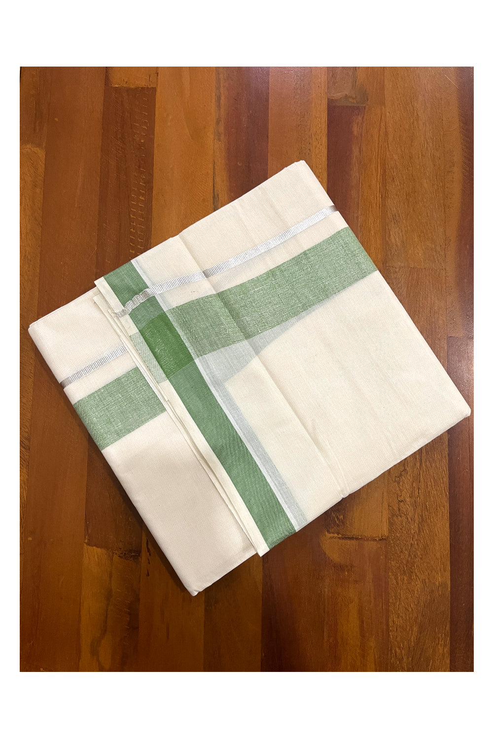 Off White Kerala Double Mundu with Silver Kasavu and Green Kara (South Indian Dhoti)