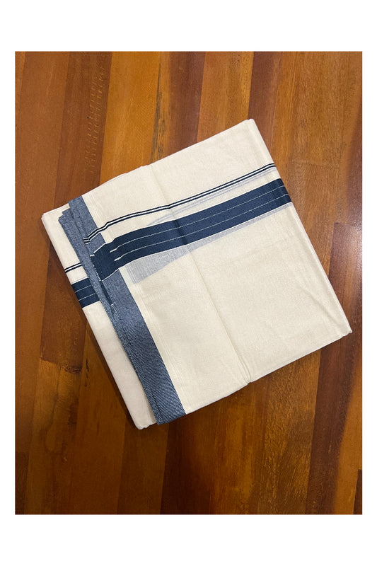 Pure Cotton Off White Double Mundu with Dark Teal Blue Border (South Indian Dhoti)