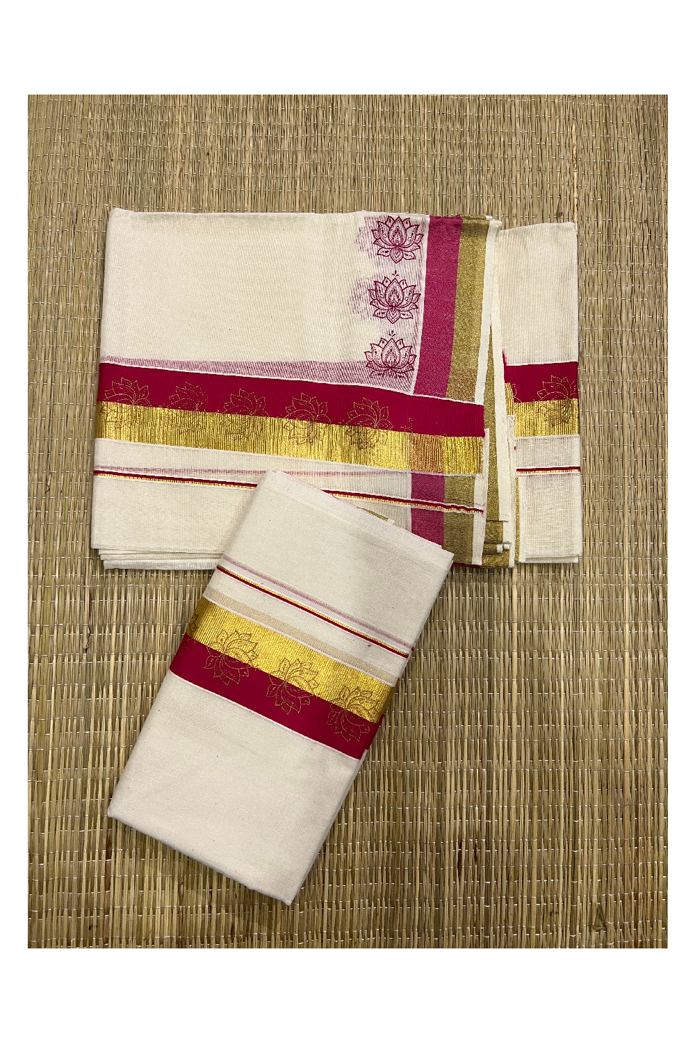 Kerala Cotton Kasavu Set Mundu (Mundum Neriyathum) with Dark Pink Floral Block Prints on Border 2.80 Mtrs