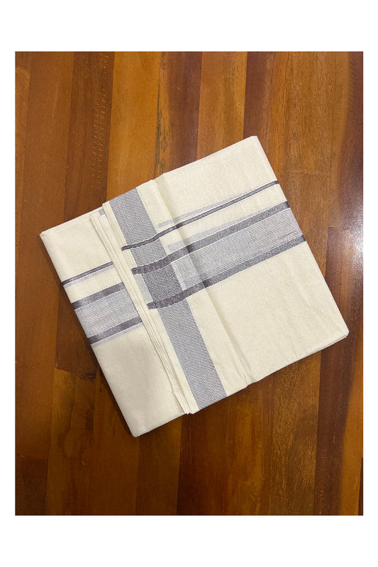 Pure Cotton Off White Double Mundu with Grey and Silver Kasavu Border (South Indian Dhoti)