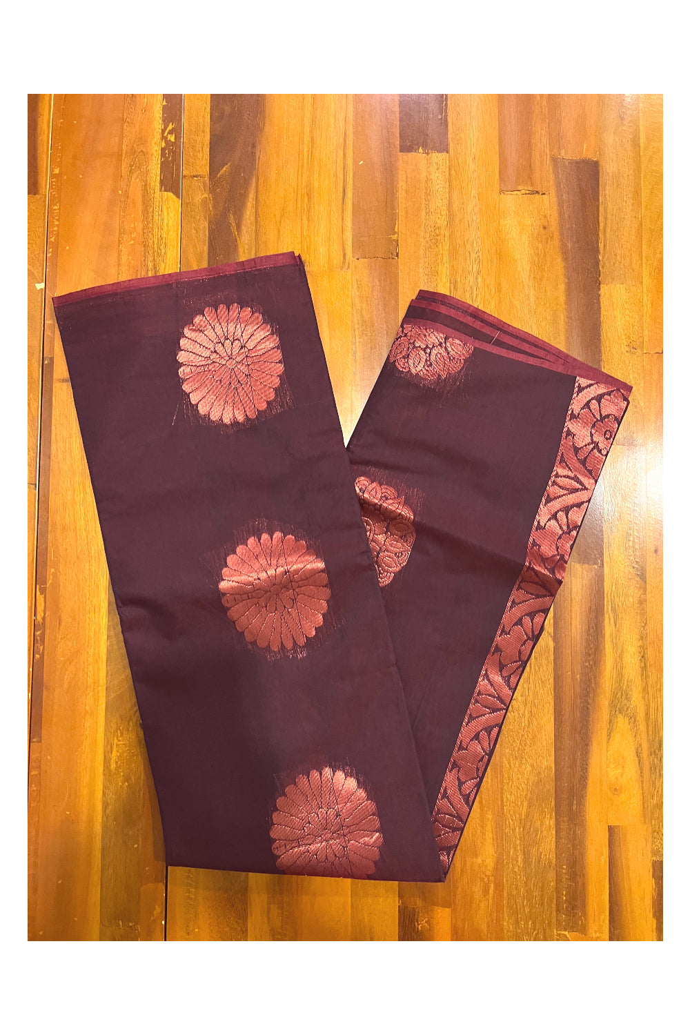 Southloom Dark Maroon Cotton Silk Saree with Copper Kasavu Woven Works on Body