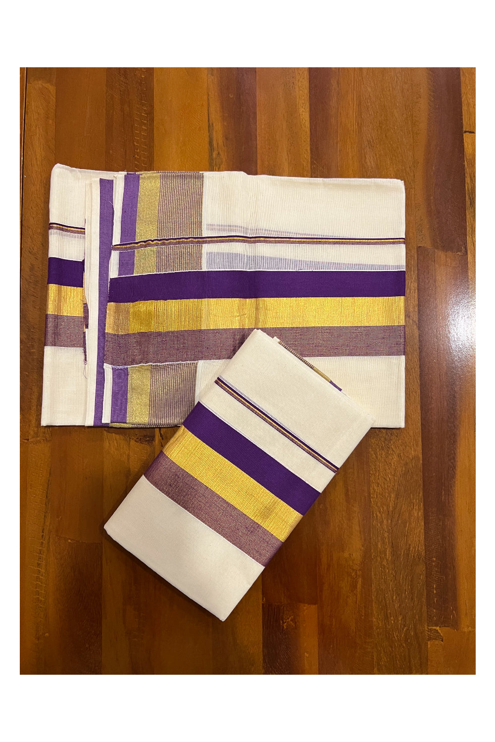 Pure Cotton Kerala Single Set Mundu (Mundum Neriyathum) with Violet and Kasavu Border 2.80 Mtrs