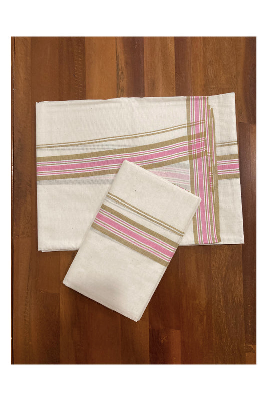 Kerala Cotton Mundum Neriyathum Single (Set Mundu) with Mulloth Design Yellow and Pink Border (Extra Soft Cotton)