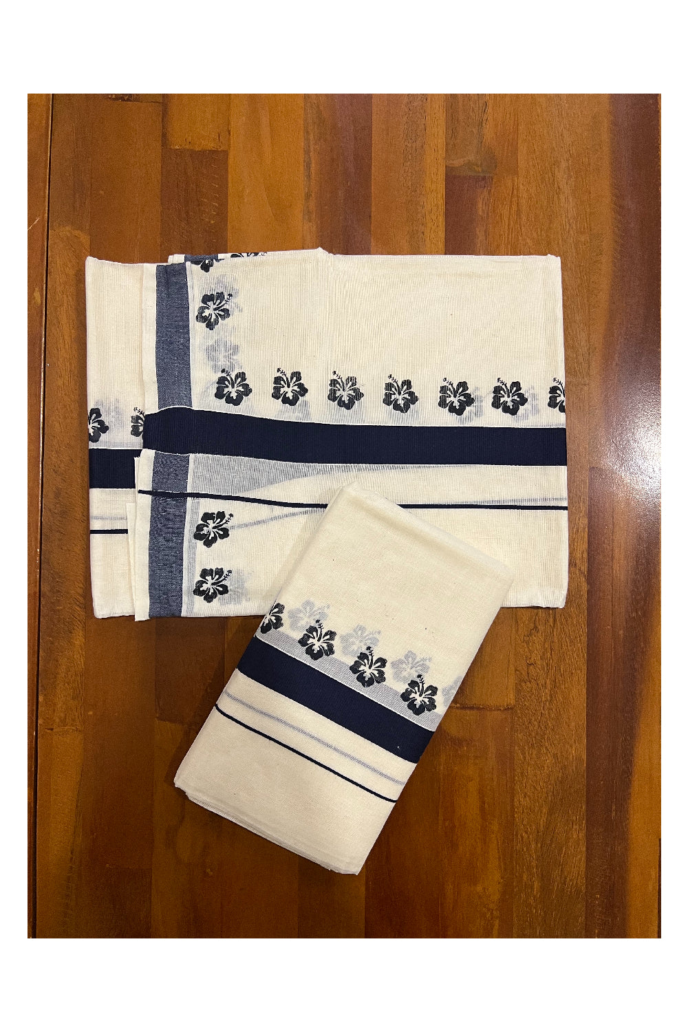 Pure Cotton Set Mundu (Mundum Neriyathum) with Navy Blue Floral Block Prints on Border