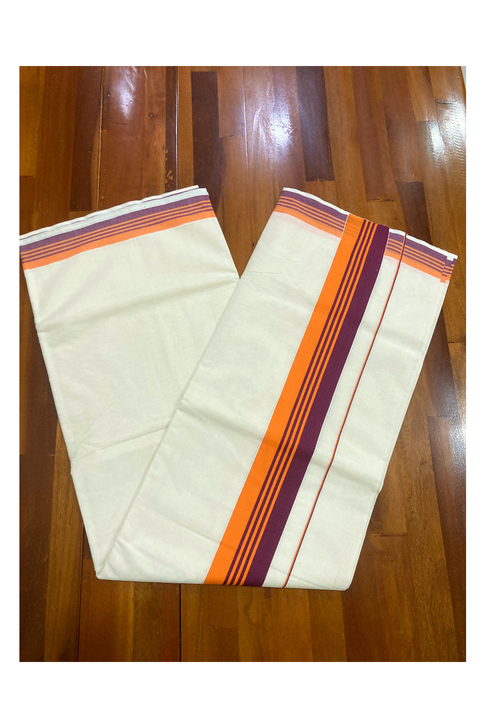 Pure Cotton Plain Kerala Saree with Orange and Maroon Border