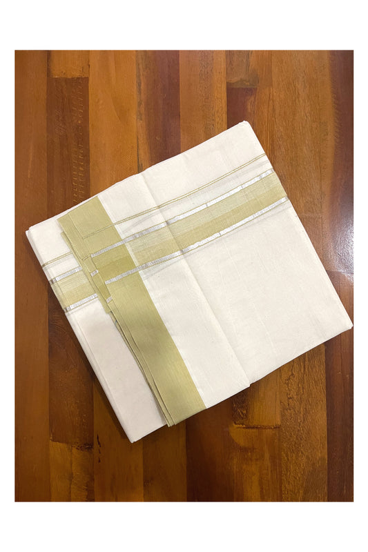 Pure Cotton Off White Double Mundu with Silver Kasavu and Green Border (South Indian Dhoti)