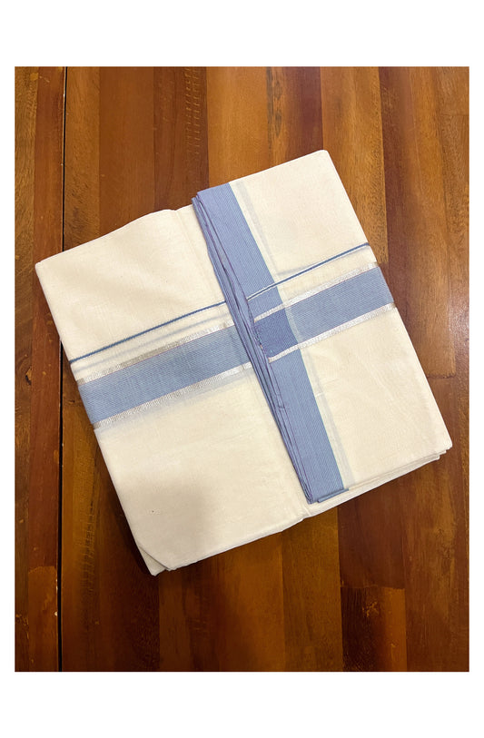 Pure Cotton Off White 100x100 Double Mundu with Silver Kasavu and Blue Border (South Indian Dhoti)