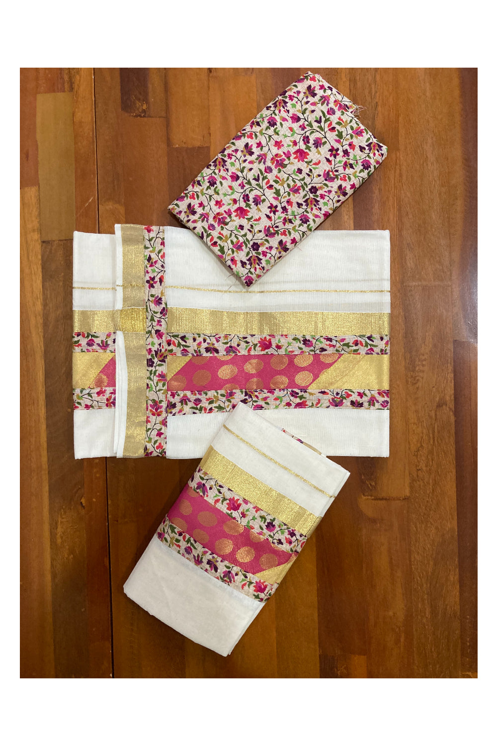 Kerala Cotton Fusion Art Set Mundu (Mundum Neriyathum) with Kasavu and Floral Figures on Beige Border 2.80 Mtrs