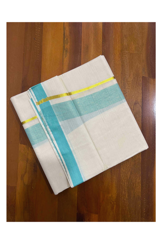 Off White Kerala Double Mundu with Turquoise and Kasavu Line Border (South Indian Dhoti)