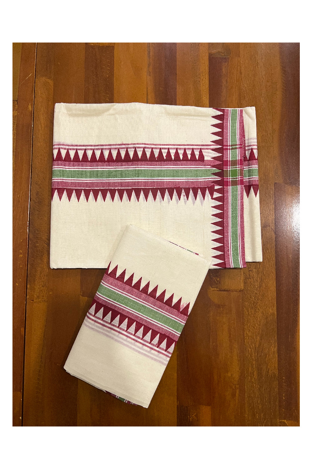 Kerala Cotton Mulloth Mundum Neriyathum Single (Set Mundu) with Dark Red Temple Block Prints and Green Border (Extra Soft Cotton)