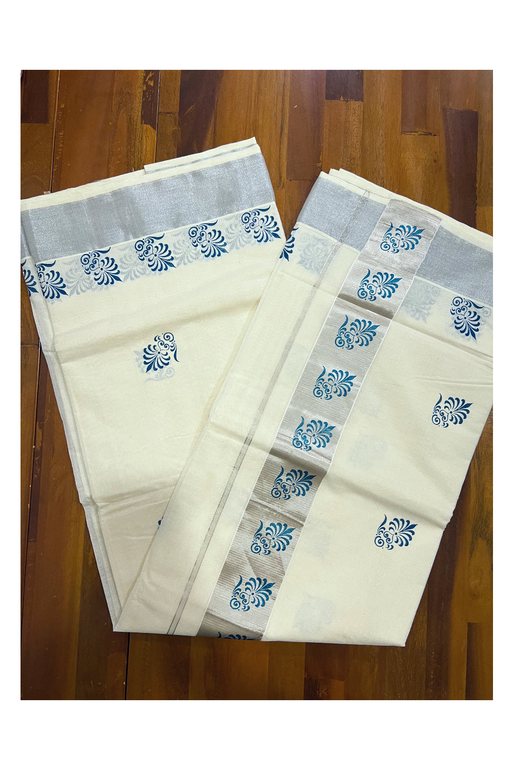 Pure Cotton Kerala Saree with Blue Floral Block Prints on Silver Border and Pallu