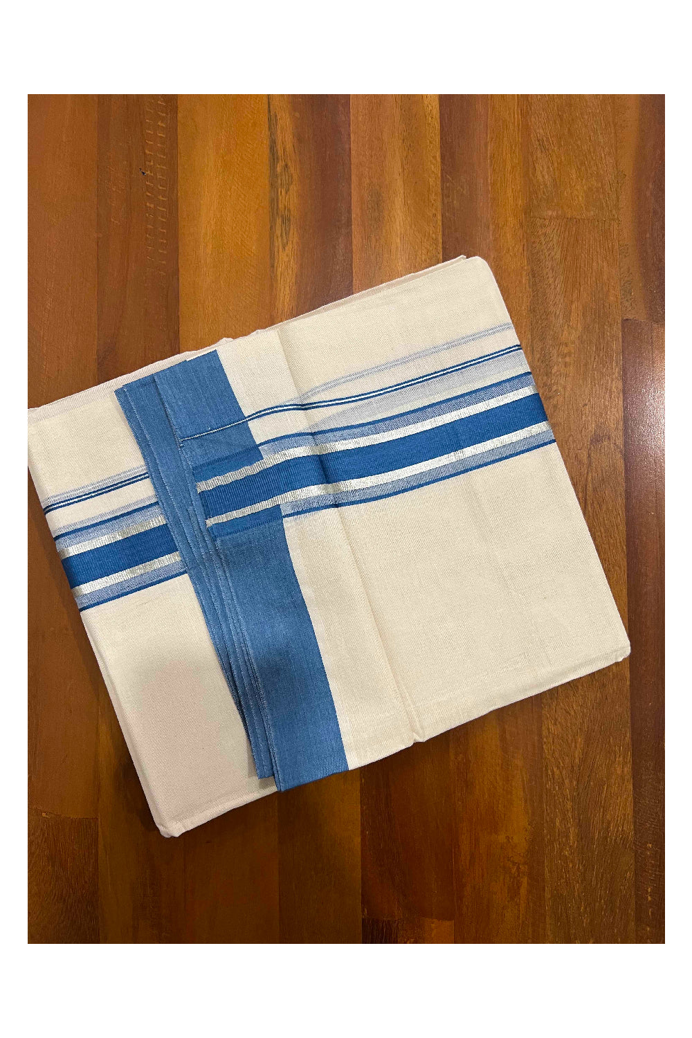 Off White Kerala Double Mundu with Silver Kasavu and Blue Border (South Indian Dhoti)