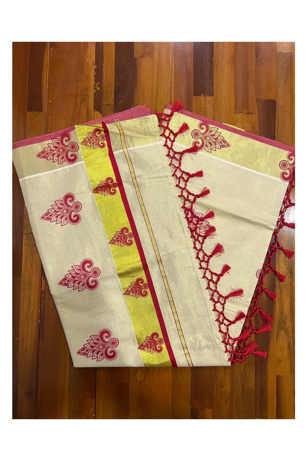 Kerala Tissue Kasavu Saree with Red Block Printed Design and Tassels Work on Pallu