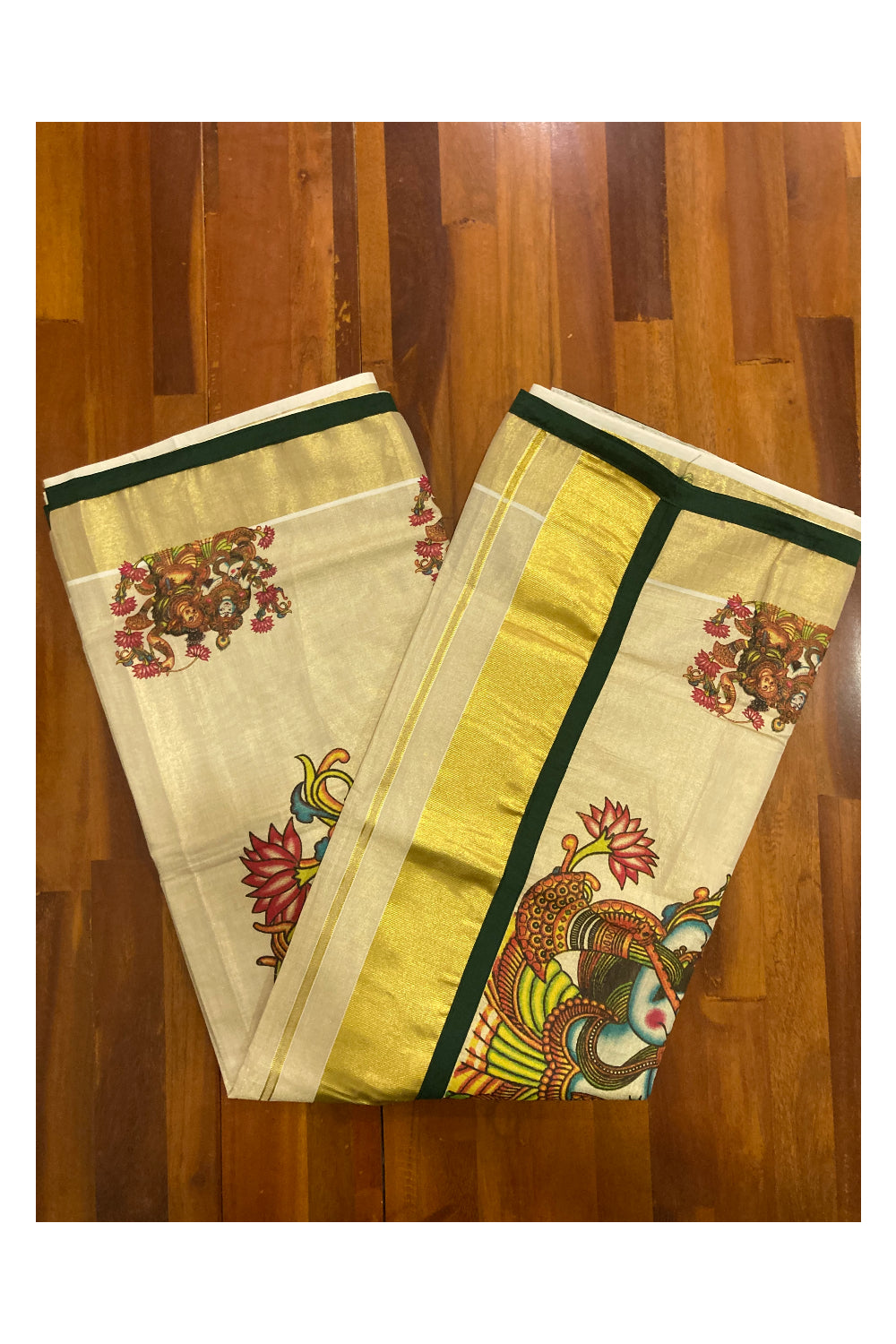 Kerala Tissue Kasavu Saree with Mural Krishna Radha Prints and Green Piping works on Border