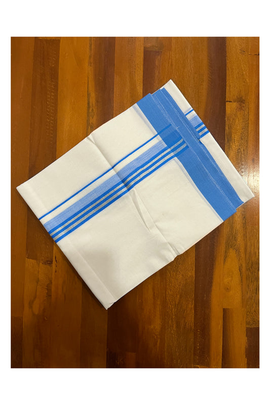 Pure White Cotton Double Mundu with Silver Kasavu and Blue Border (South Indian Dhoti)