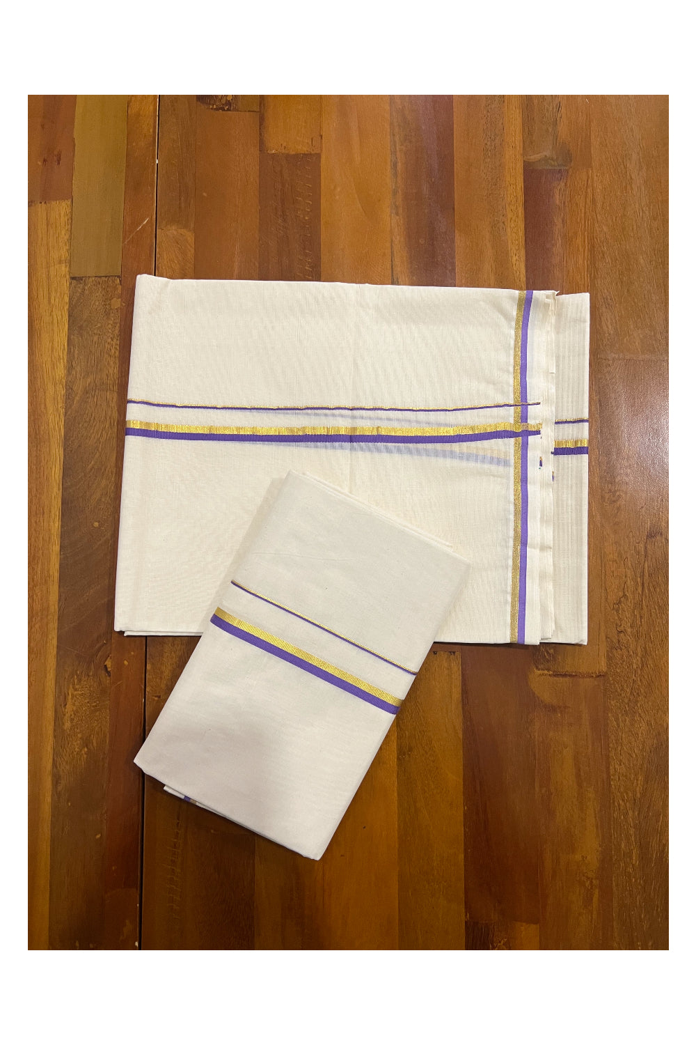 Kerala Cotton Set Mundu (Mundum Neriyathum) with 0.5 inch Kasavu and Violet Border 2.80 Mtrs