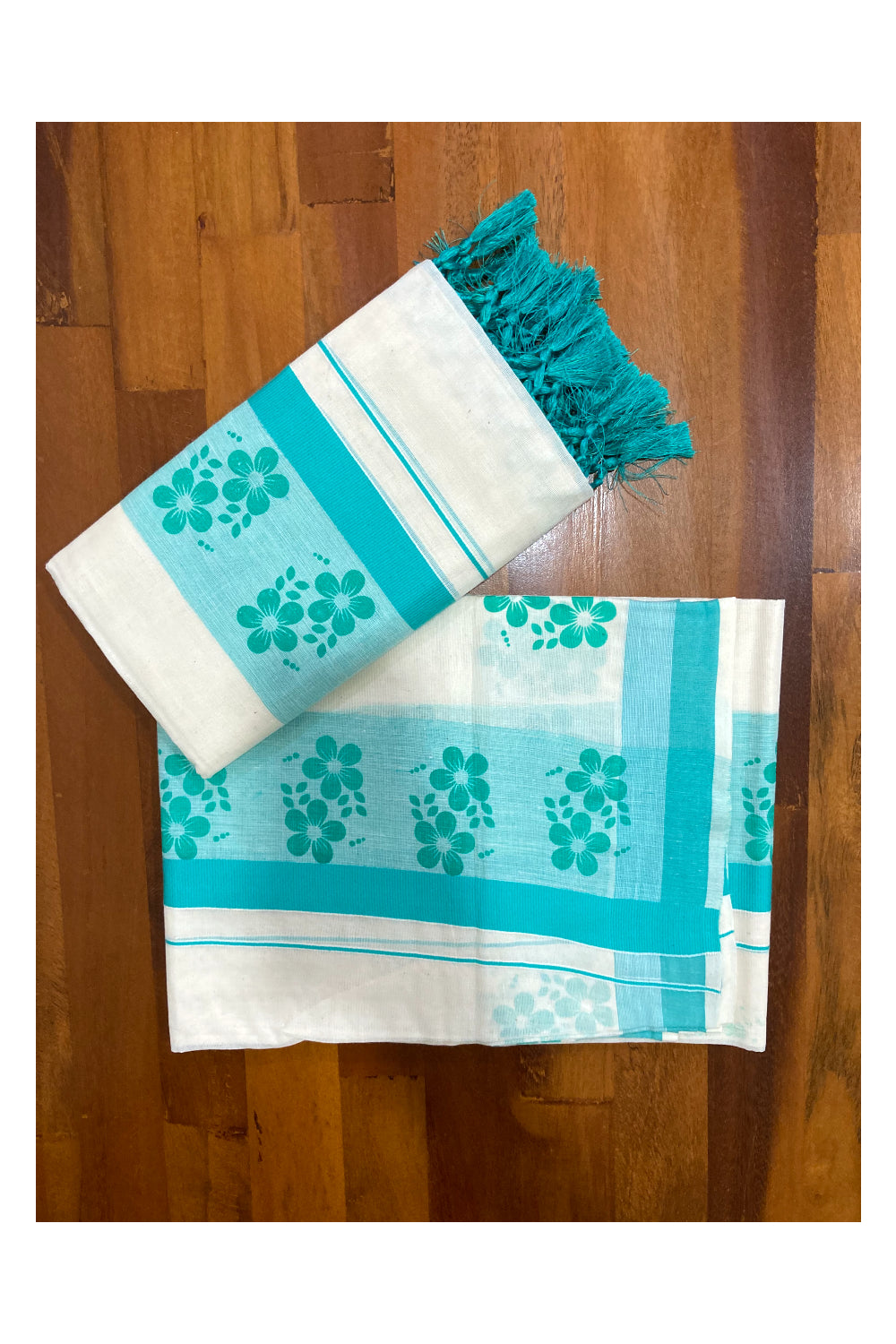 Kerala Cotton Mundum Neriyathum Single (Set Mundu) with Turquoise Floral Block Print Border and Tassels Work