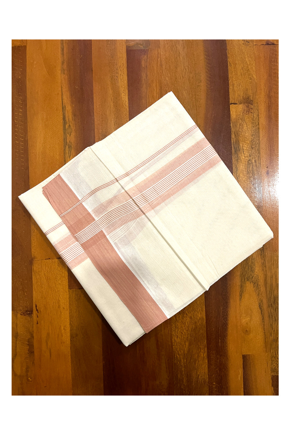 Pure Cotton Off White Double Mundu with Peach Kara (South Indian Dhoti)