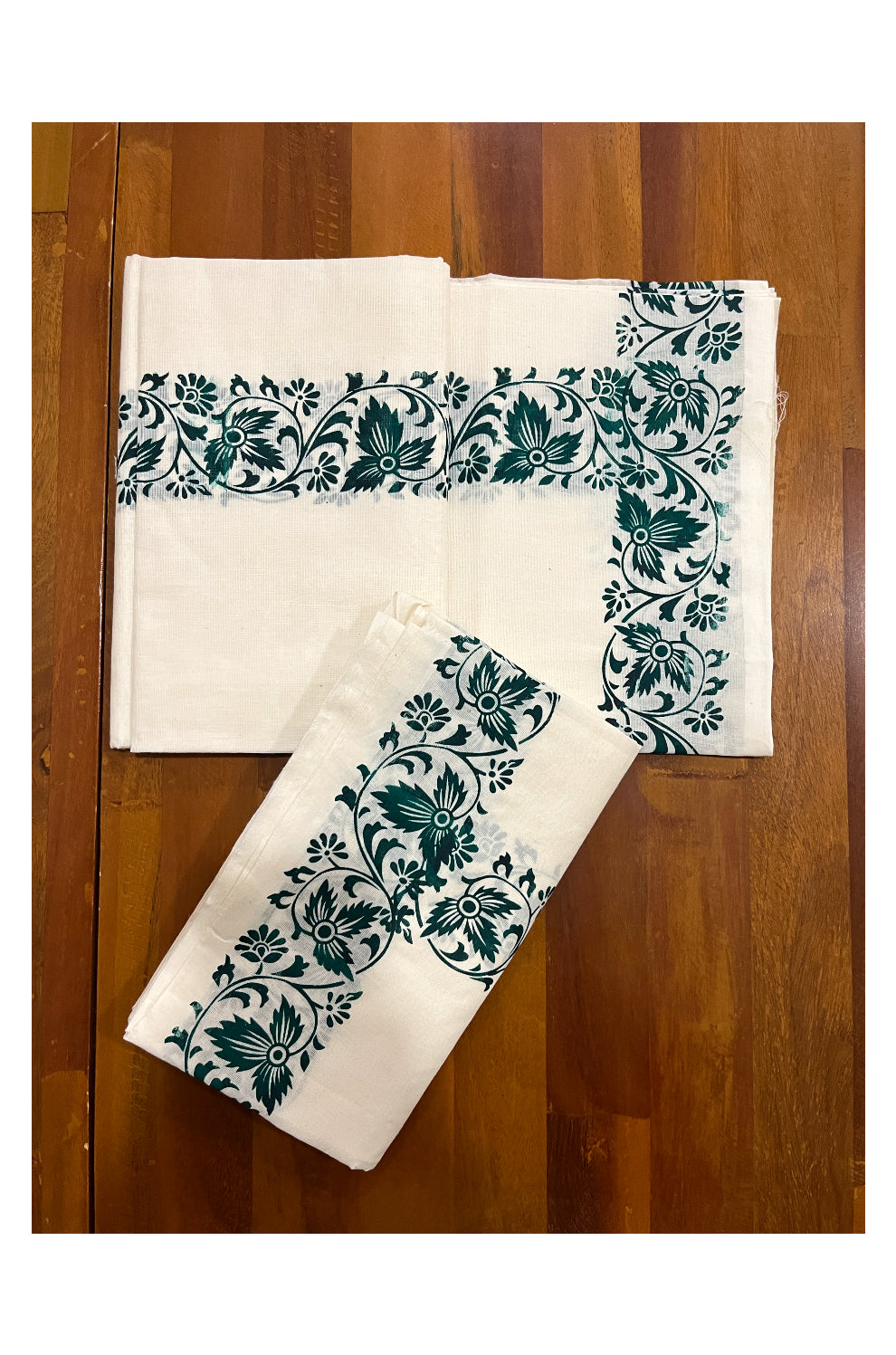 Kerala Cotton Set Mundu (Mundum Neriyathum) with Green Floral Block Prints on Border 2.80 Mtrs